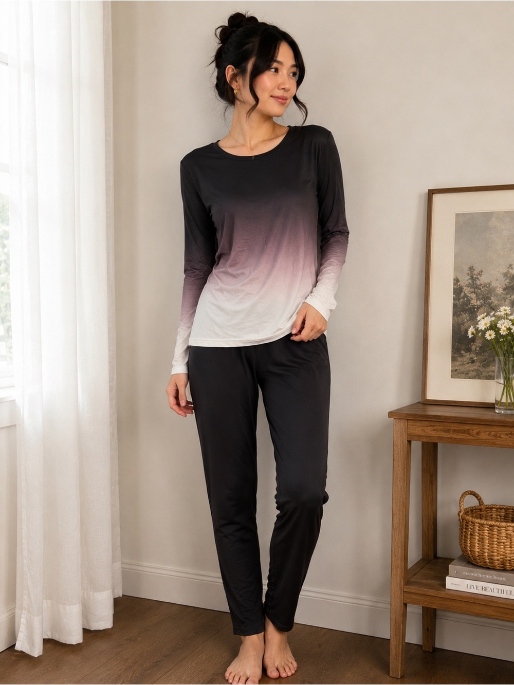 Women’s 2-Piece Ombre Gradient Pajama Lounge Set Black White Long Sleeve